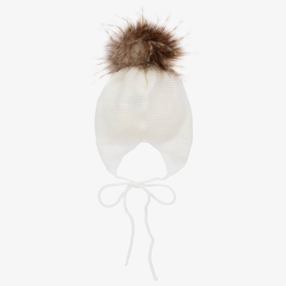 Mebi-Ivory Knitted Hat With Faux Fur Pom-Pom | Childrensalon Outlet