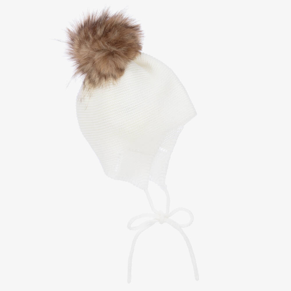 Mebi-Ivory Knitted Hat With Faux Fur Pom-Pom | Childrensalon Outlet