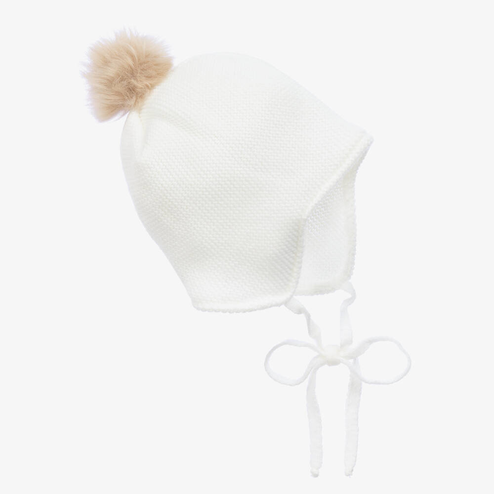 Mebi - Ivory Knitted Pom-Pom Baby Hat | Childrensalon