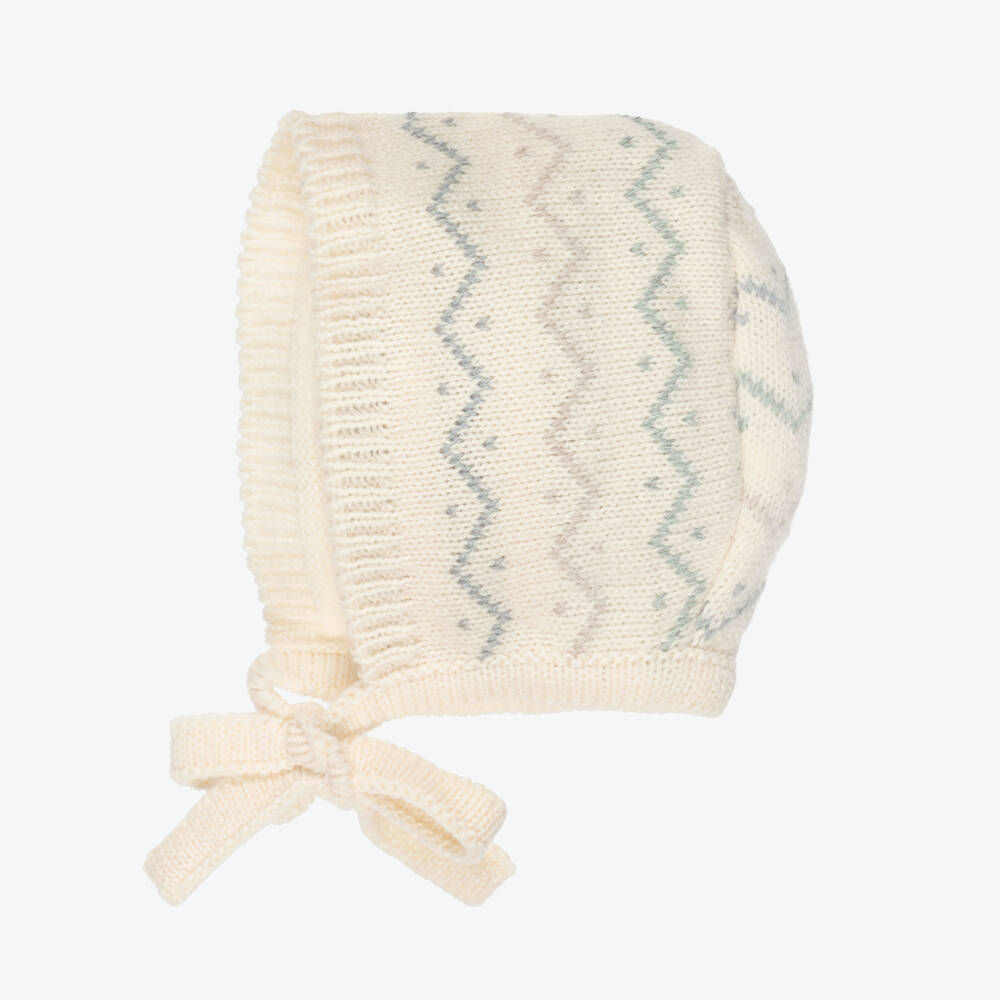 Mebi-Ivory Zigzag Pattern Knitted Baby Bonnet | Childrensalon Outlet