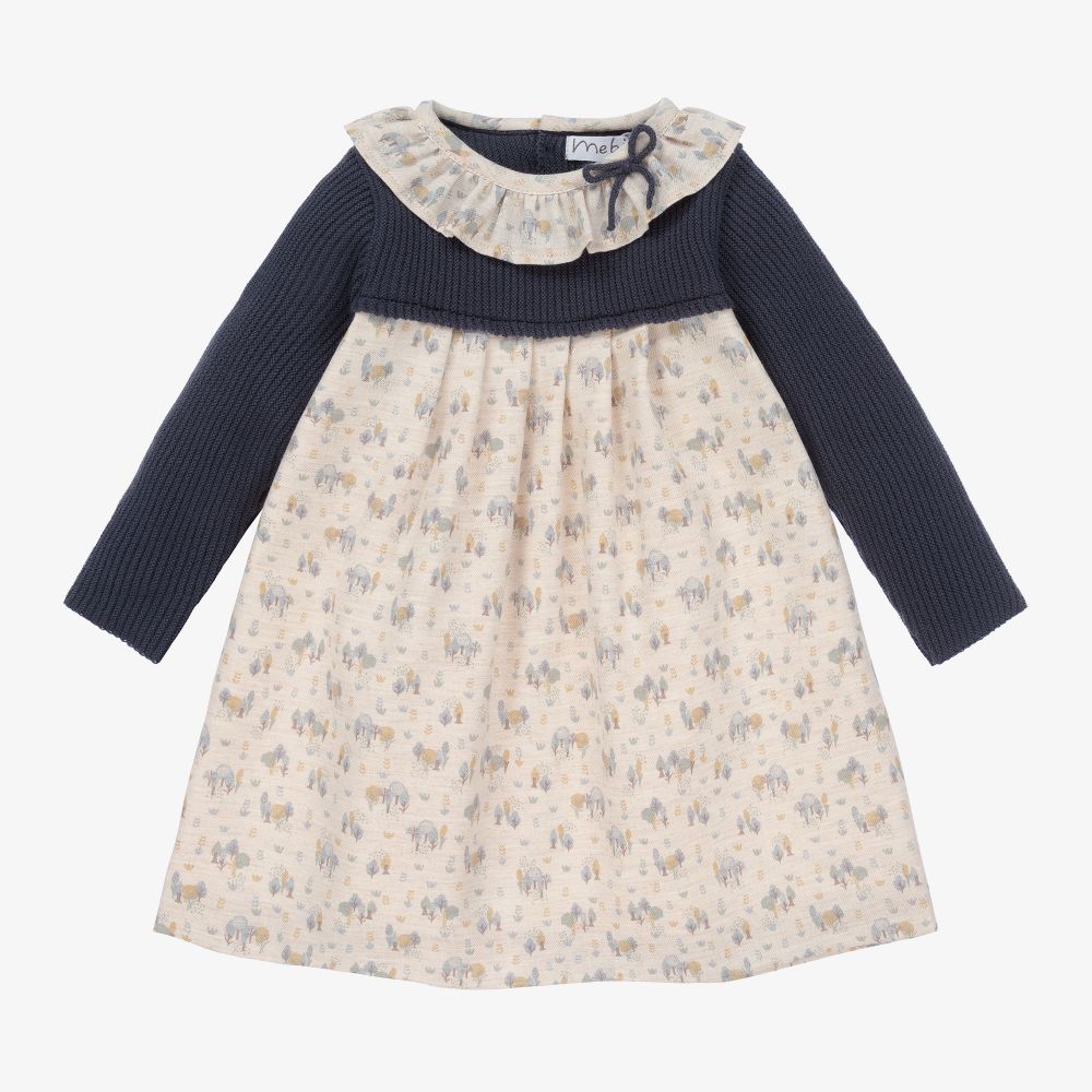 Mebi - Navy Blue & Beige Floral Dress | Childrensalon