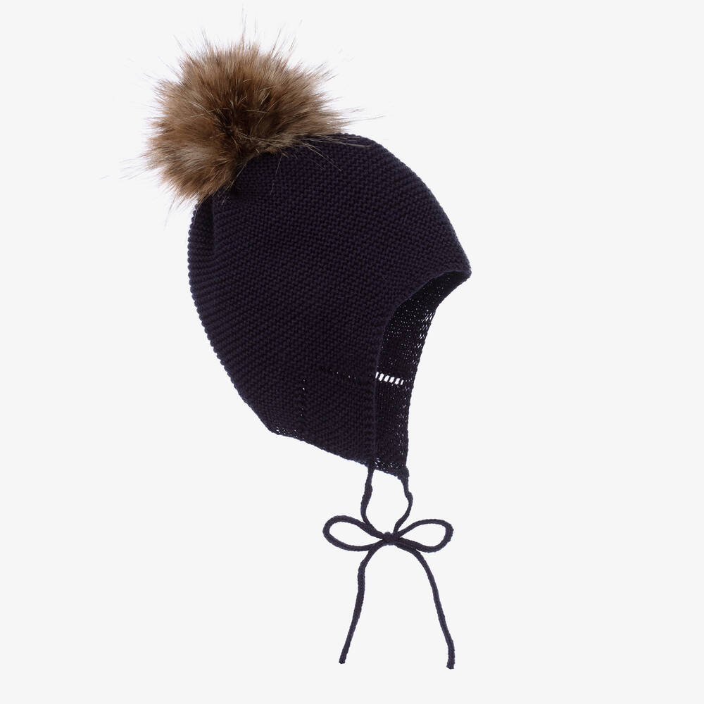 Mebi - Navy Blue Knitted Pom-Pom Hat | Childrensalon