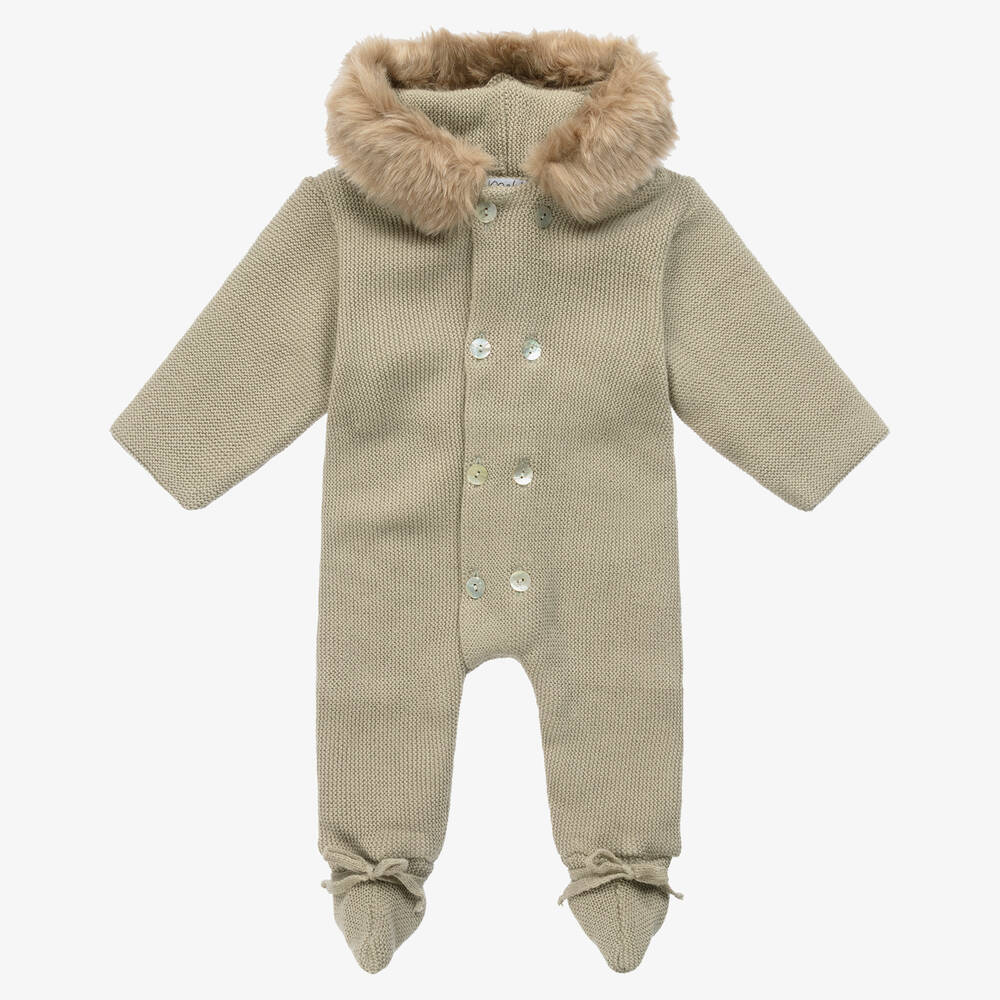 Mebi - Pale Green Knitted Pramsuit  | Childrensalon