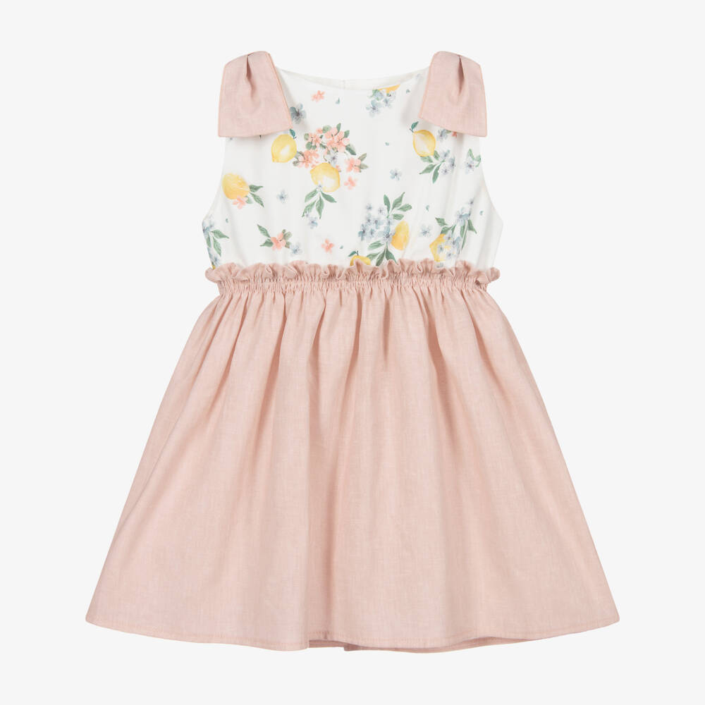 Mebi-فستان قطن وكتّان لون زهري وأبيض | Childrensalon Outlet