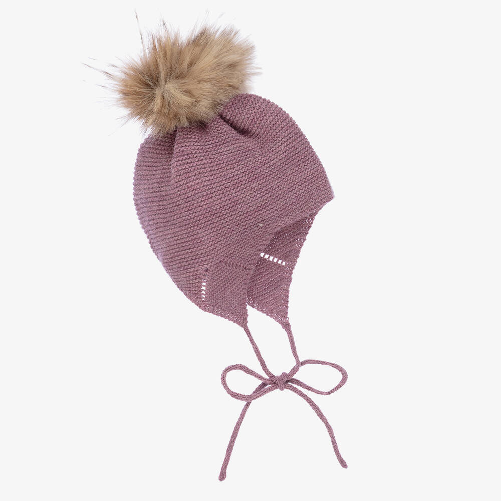 Mebi - Purple Wool Knit Pom-Pom Hat | Childrensalon