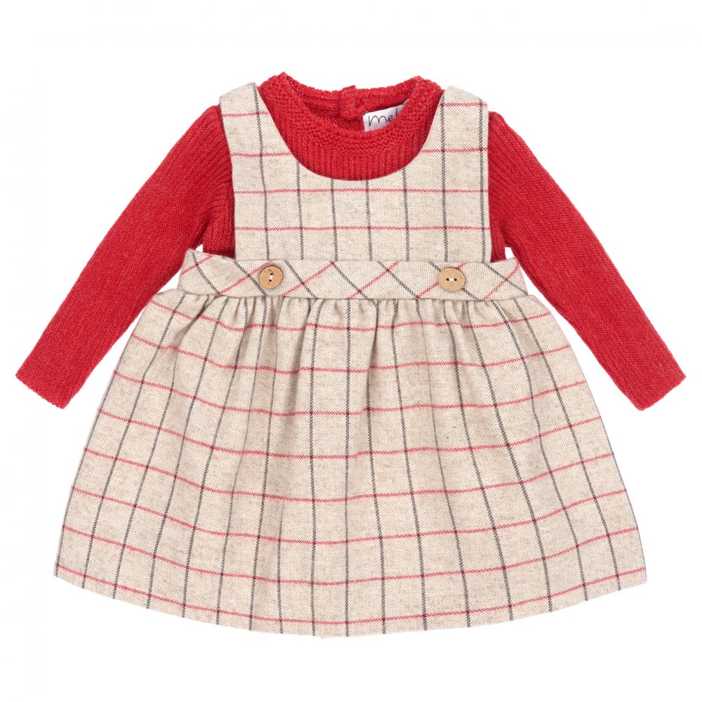 Mebi - Red & Beige Check Baby Dress | Childrensalon