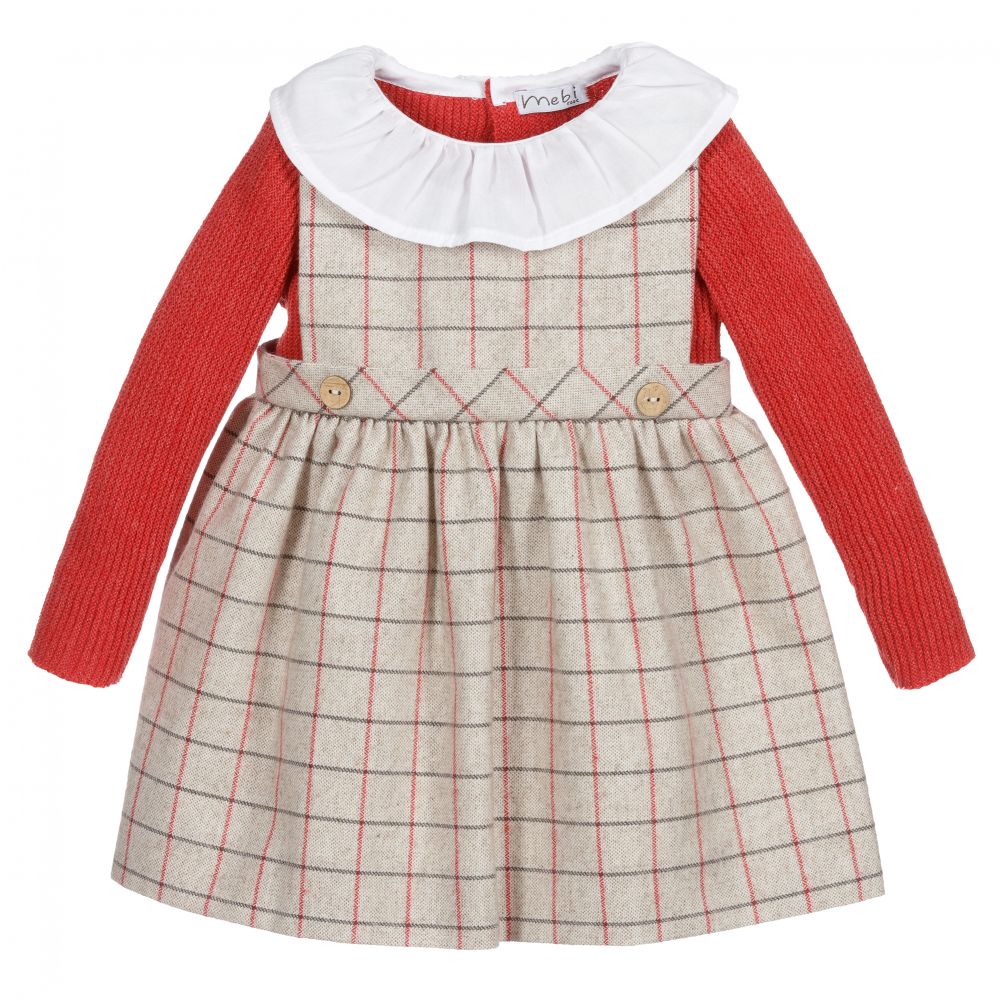 Mebi - Robe rouge et beige à carreaux  | Childrensalon