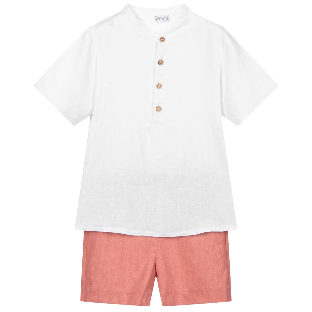 Mebi - Комплект красного и белого цвета с льняными шортами | Childrensalon