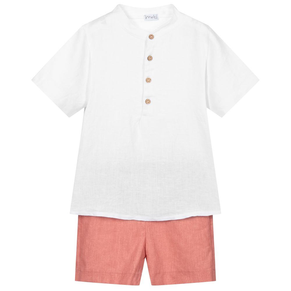 Mebi-Red & White Linen Shorts Set | Childrensalon Outlet
