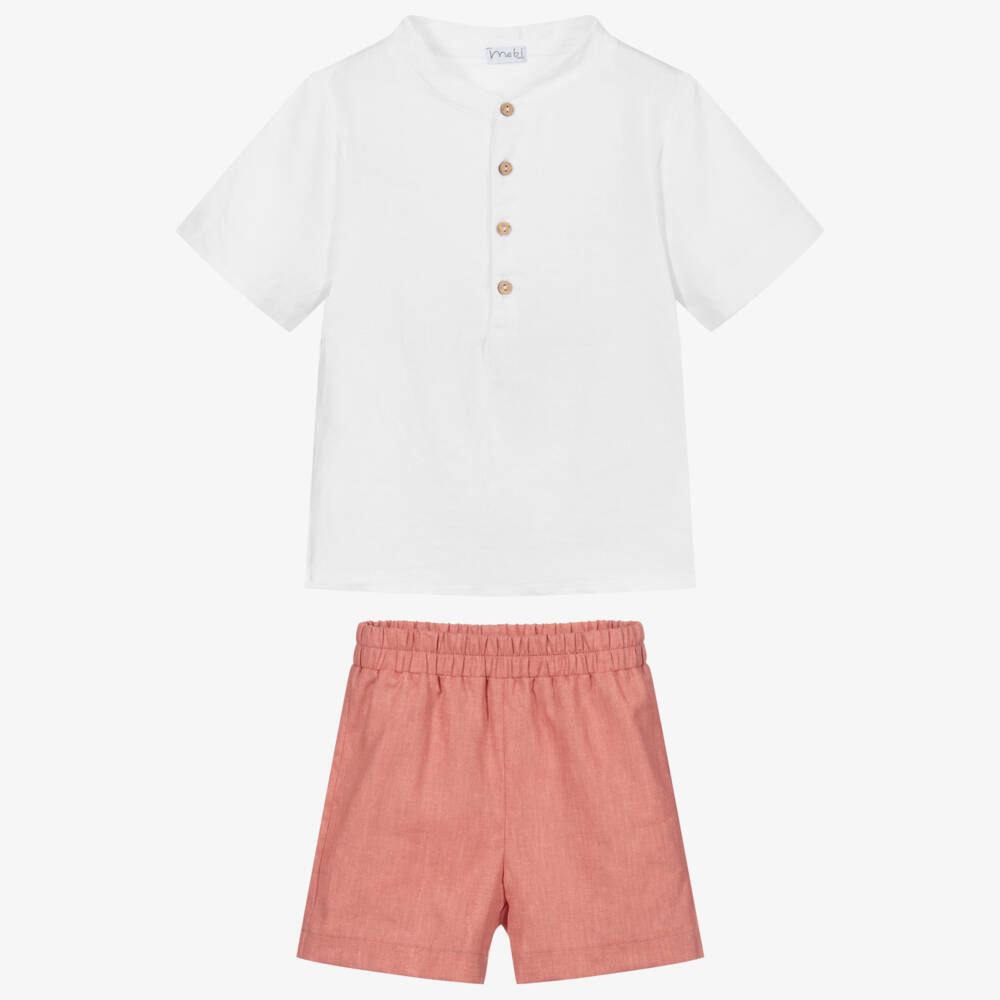 Mebi-Red & White Linen Shorts Set | Childrensalon Outlet