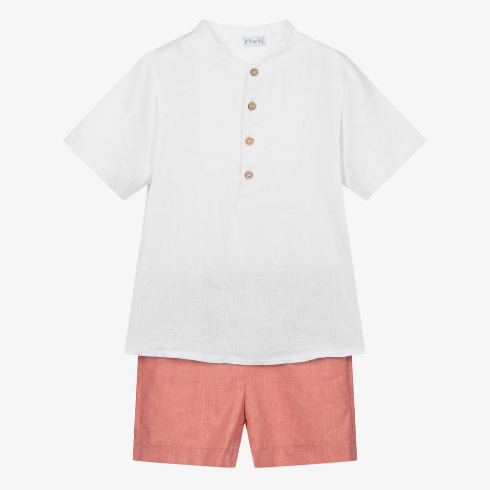 Mebi-Red & White Linen Shorts Set | Childrensalon Outlet