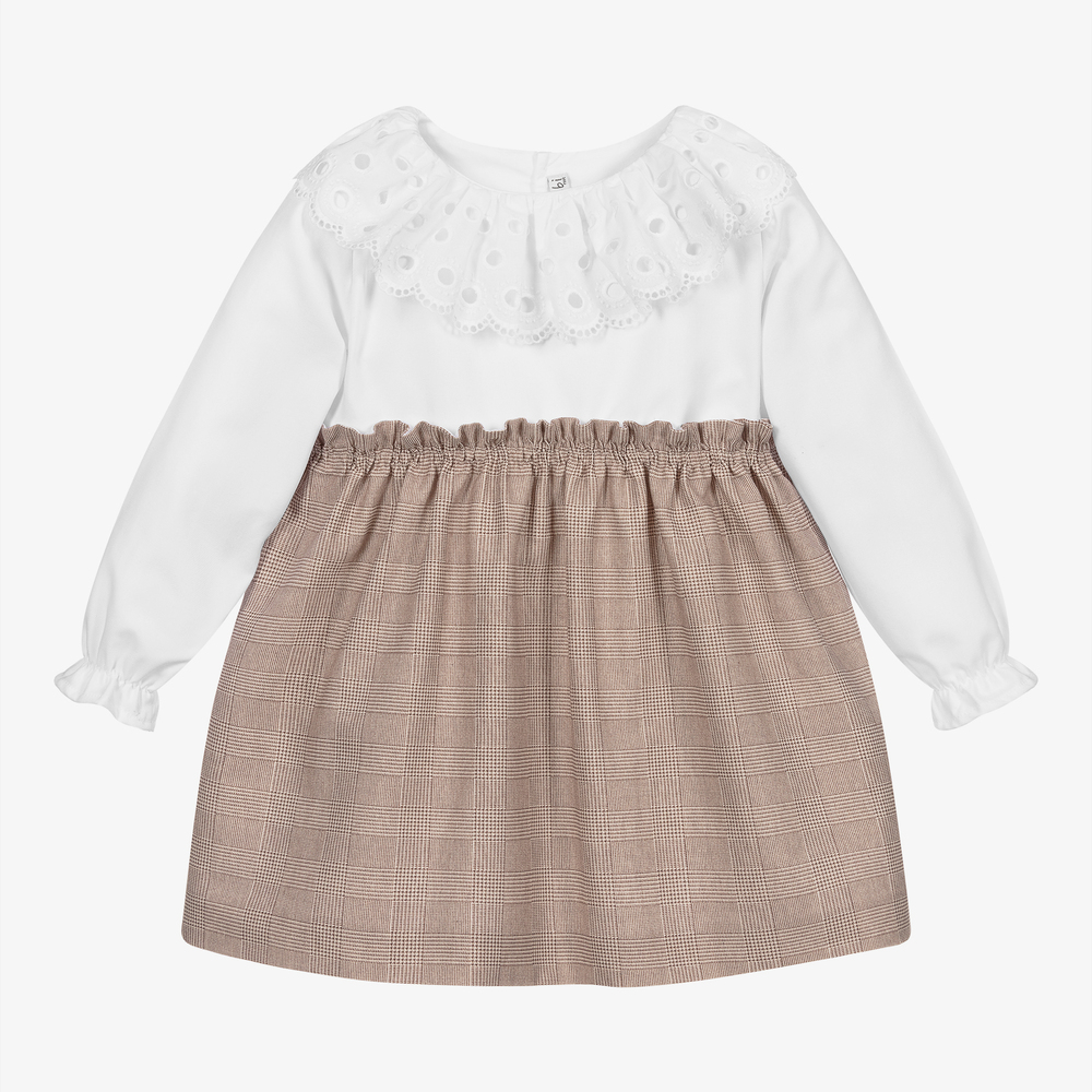 Mebi - فستان قطن مزين بكشكش لون أبيض وبيج  | Childrensalon