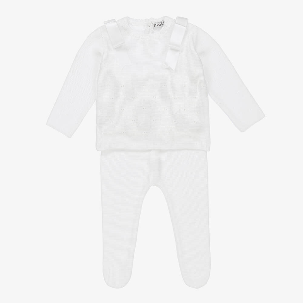 Mebi - White Cotton Knit 2 Piece Babygrow | Childrensalon
