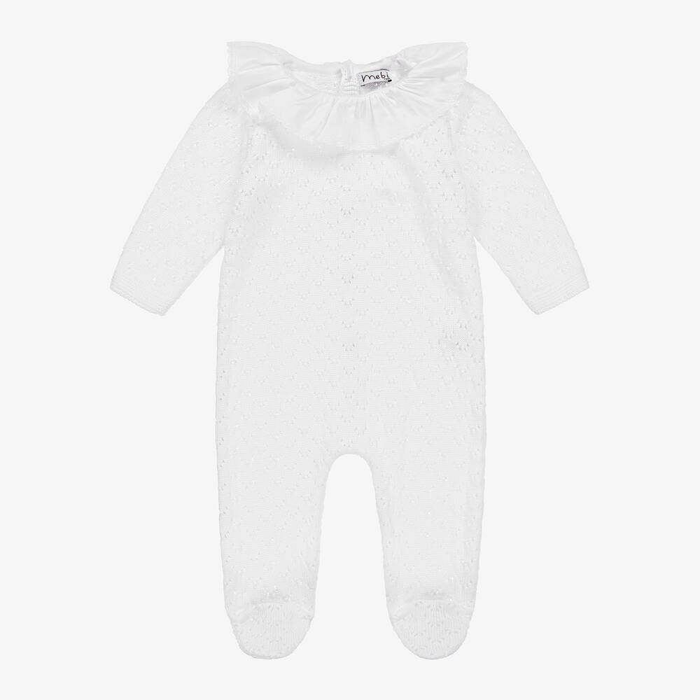 Mebi-White Cotton Knit Ruffle Babygrow | Childrensalon Outlet