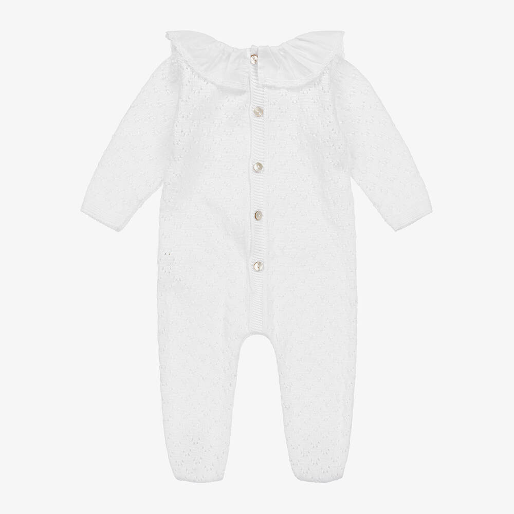 Mebi-White Cotton Knit Ruffle Babygrow | Childrensalon Outlet