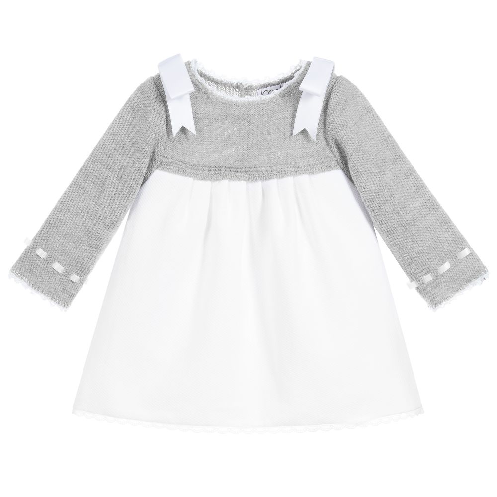 Mebi - White & Grey Satin Bow Dress | Childrensalon