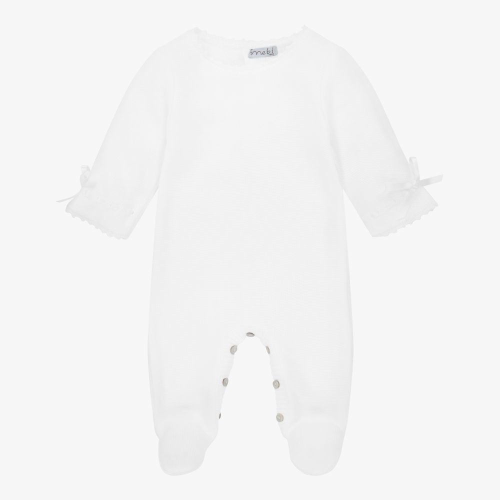 Mebi - White Knitted Cotton Babygrow | Childrensalon