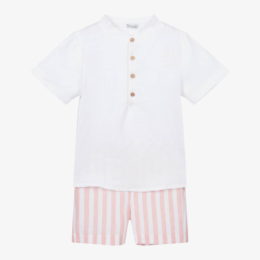 Mebi-White & Pink Linen Shorts Set | Childrensalon Outlet