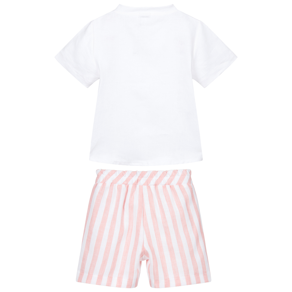 Mebi-White & Pink Linen Shorts Set | Childrensalon Outlet