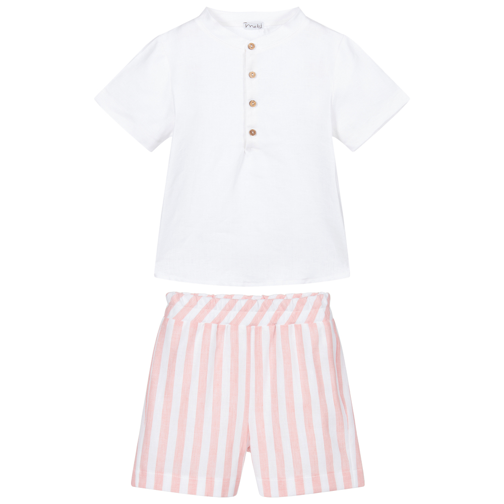 Mebi-White & Pink Linen Shorts Set | Childrensalon Outlet