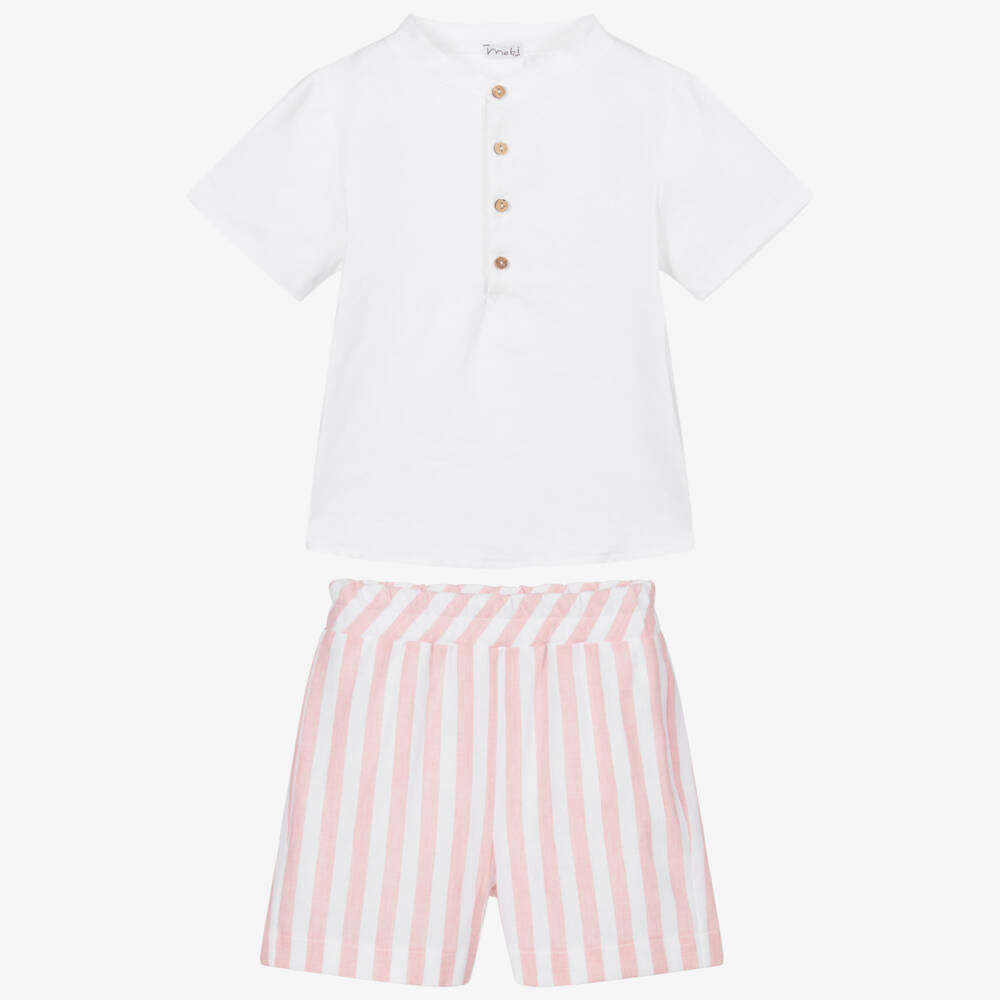 Mebi-White & Pink Linen Shorts Set | Childrensalon Outlet
