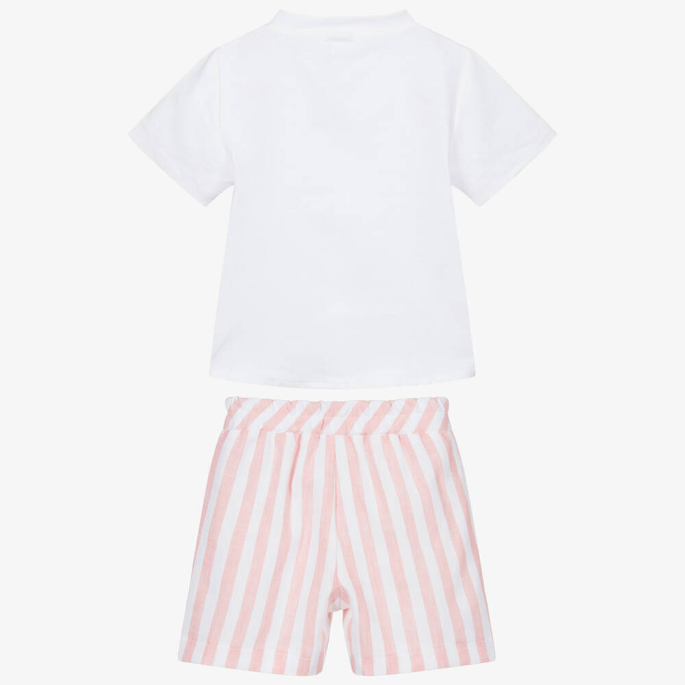 Mebi-White & Pink Linen Shorts Set | Childrensalon Outlet