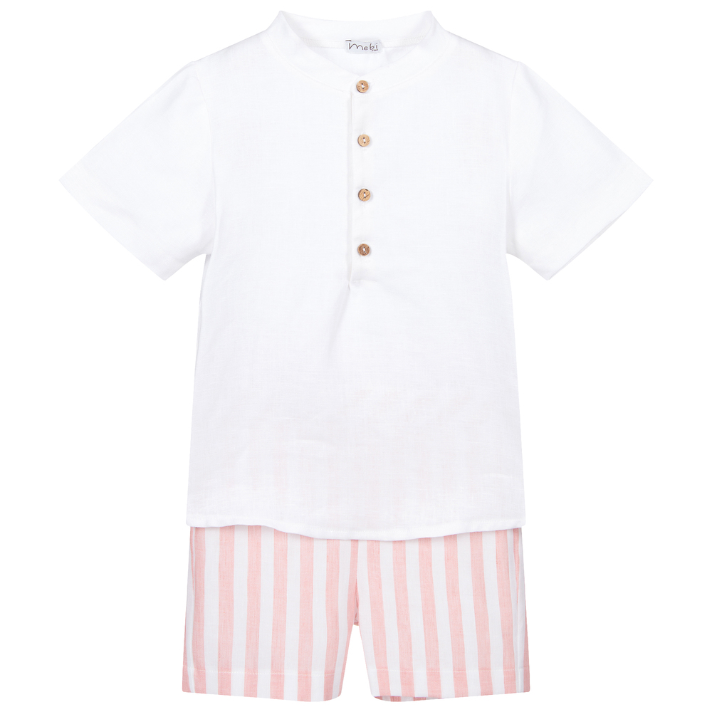 Mebi - White & Pink Linen Shorts Set | Childrensalon
