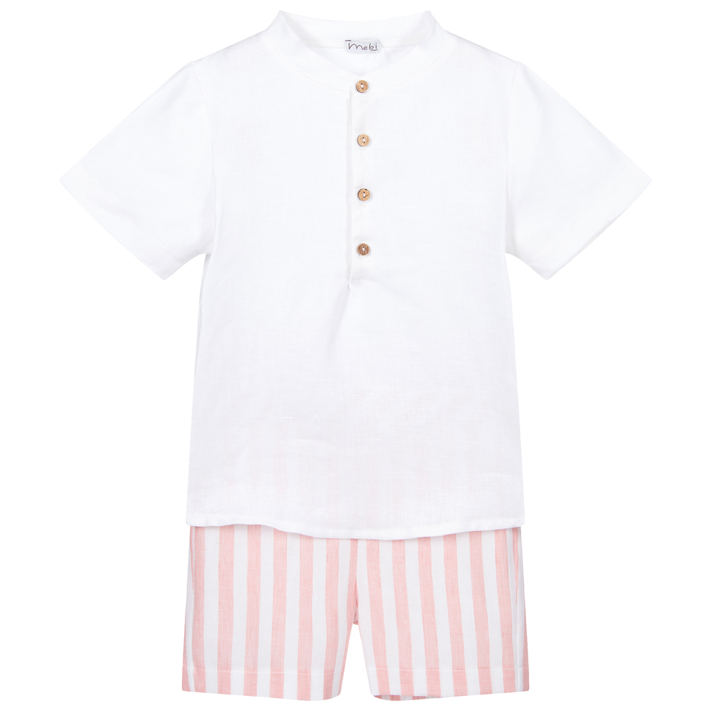 Mebi - Ensemble short blanc et rose en lin | Childrensalon