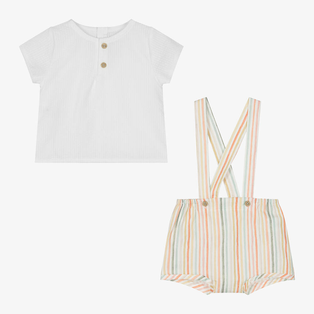 Mebi-White Striped Cotton Shorts Set | Childrensalon Outlet