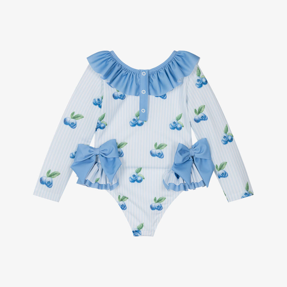 Meia Pata-Girls Blue Striped Long-Sleeved Swimsuit (UPF50+) | Childrensalon Outlet