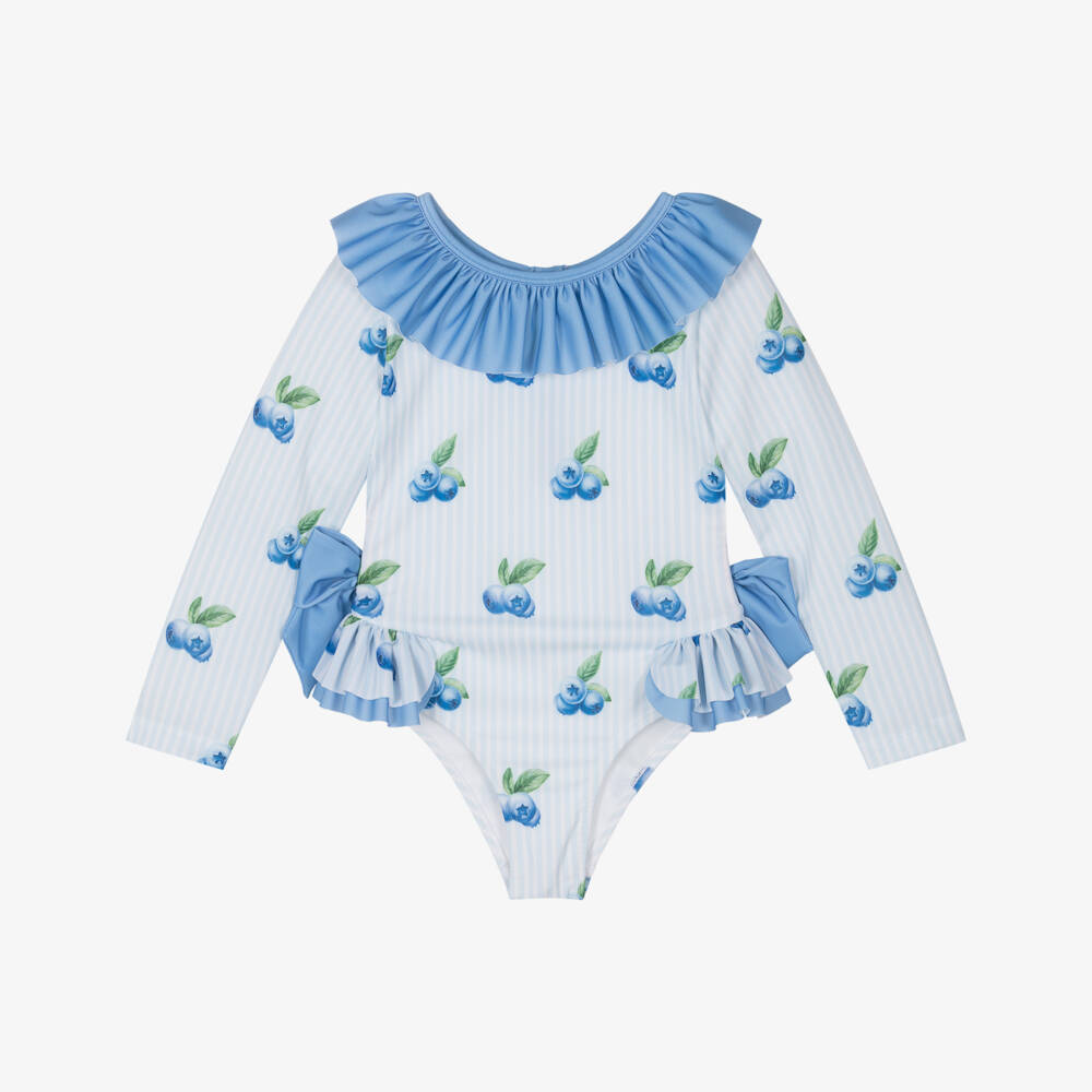 Meia Pata-Girls Blue Striped Long-Sleeved Swimsuit (UPF50+) | Childrensalon Outlet