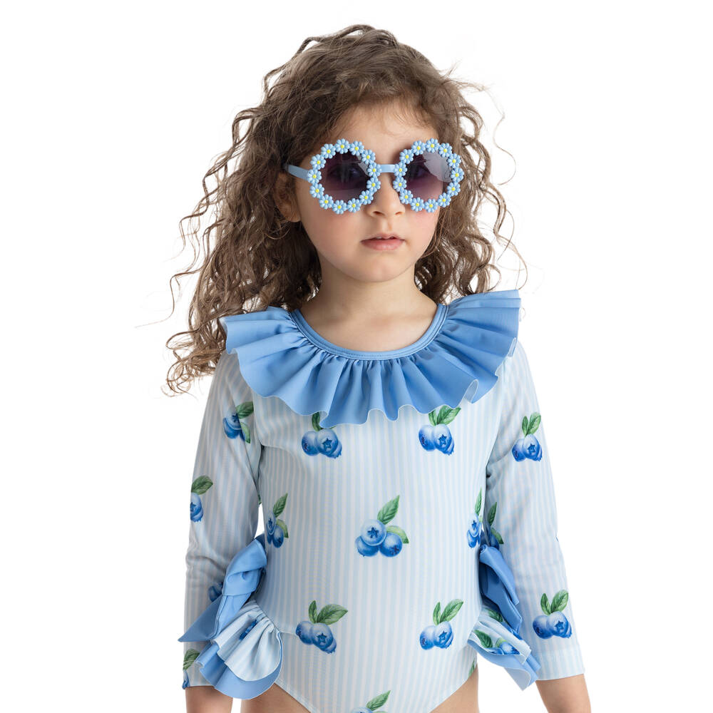 Meia Pata-Girls Blue Striped Long-Sleeved Swimsuit (UPF50+) | Childrensalon Outlet