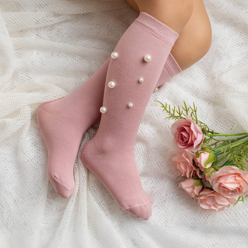 Meia Pata-جوارب وردية عالية الركبة مزينة باللؤلؤ للبنات | Childrensalon Outlet