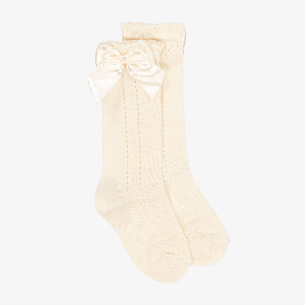 Meia Pata-Girls Ivory Knee-High Bow Socks | Childrensalon Outlet