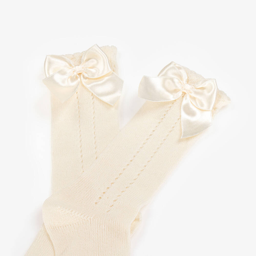 Meia Pata-Girls Ivory Knee-High Bow Socks | Childrensalon Outlet