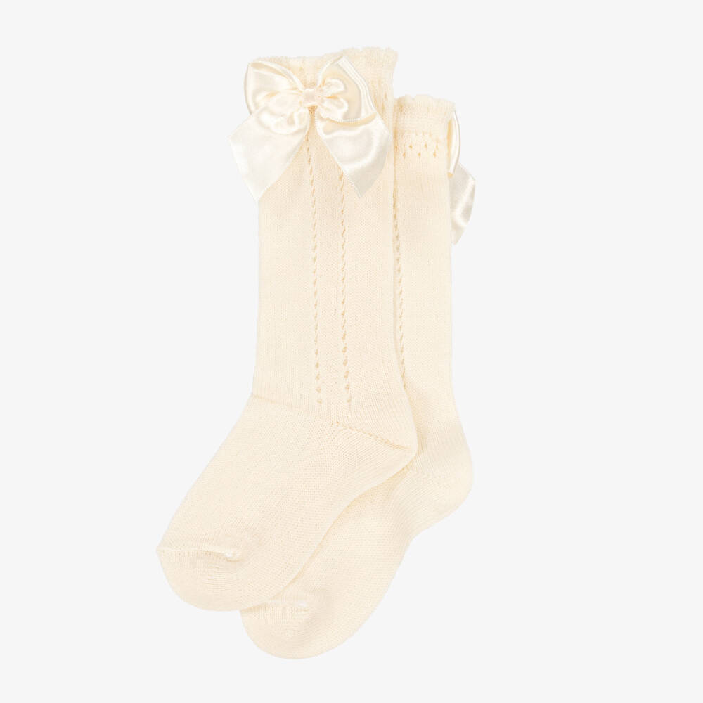 Meia Pata-Girls Ivory Knee-High Bow Socks | Childrensalon Outlet