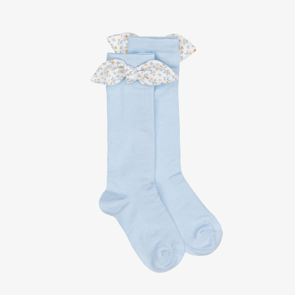 Meia Pata-Girls Light Blue Knee Socks with Bow | Childrensalon Outlet