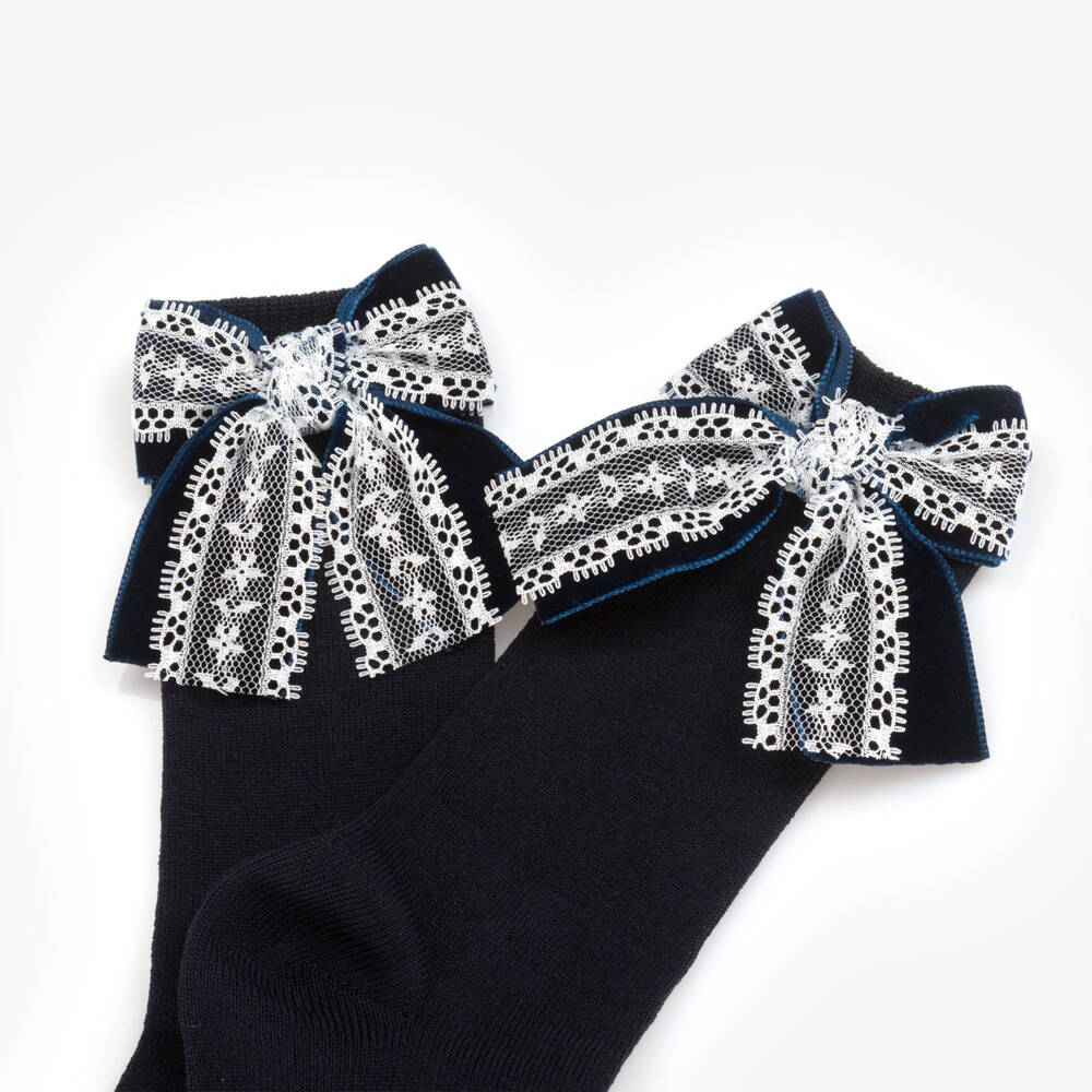 Meia Pata-Girls Navy Knee-High Lace Socks | Childrensalon Outlet