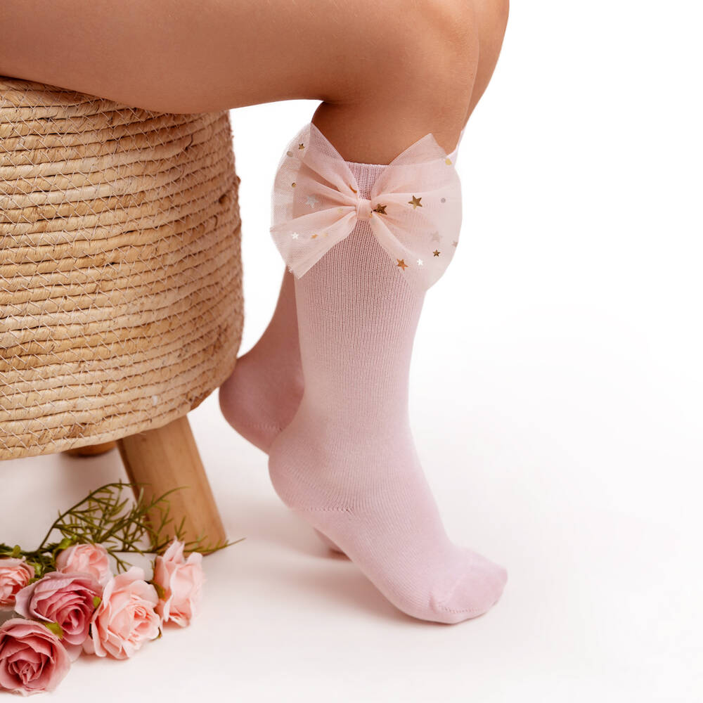 Meia Pata-جوارب وردية للبنات مزينة بنجوم وربطة | Childrensalon Outlet