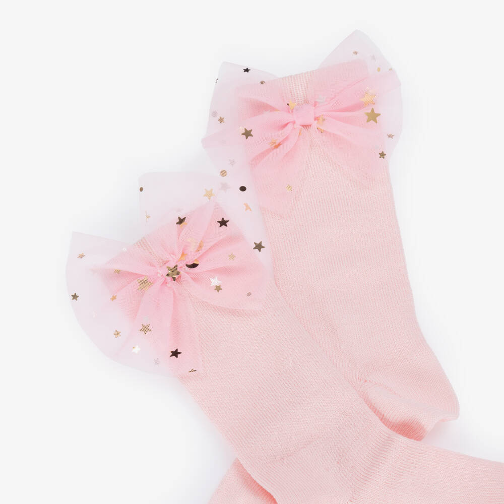 Meia Pata-جوارب وردية للبنات مزينة بنجوم وربطة | Childrensalon Outlet