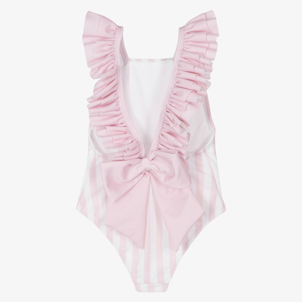 Meia Pata-Girls Pink Stripe Ruffle Swimsuit (UPF50+) | Childrensalon Outlet