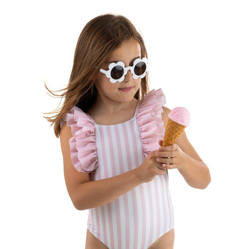 Meia Pata-Girls Pink Stripe Ruffle Swimsuit (UPF50+) | Childrensalon Outlet
