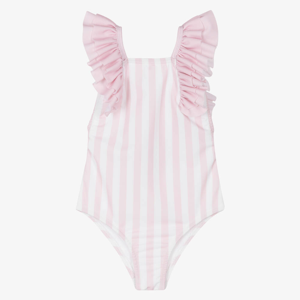Meia Pata-Girls Pink Stripe Ruffle Swimsuit (UPF50+) | Childrensalon Outlet