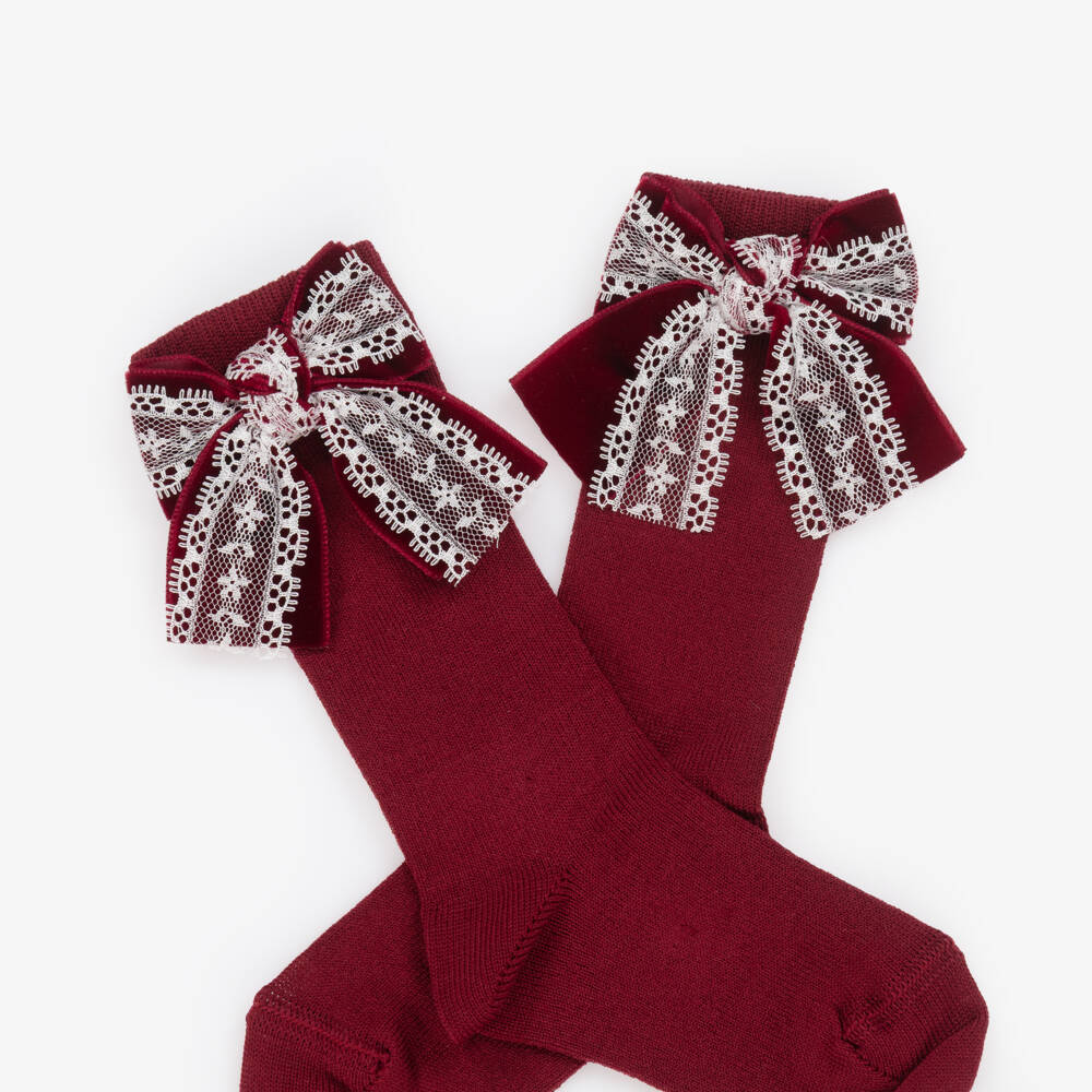 Meia Pata-Girls Red Lace Bow Knee Socks | Childrensalon Outlet