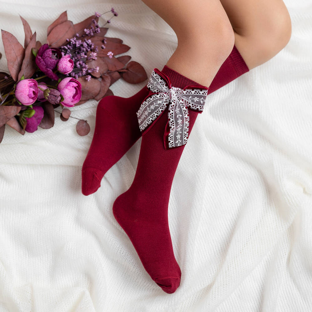 Meia Pata-Girls Red Lace Bow Knee Socks | Childrensalon Outlet