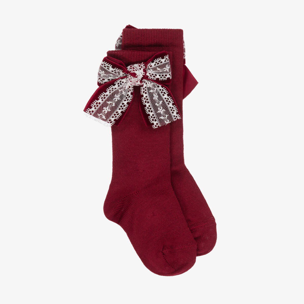 Meia Pata-Girls Red Lace Bow Knee Socks | Childrensalon Outlet