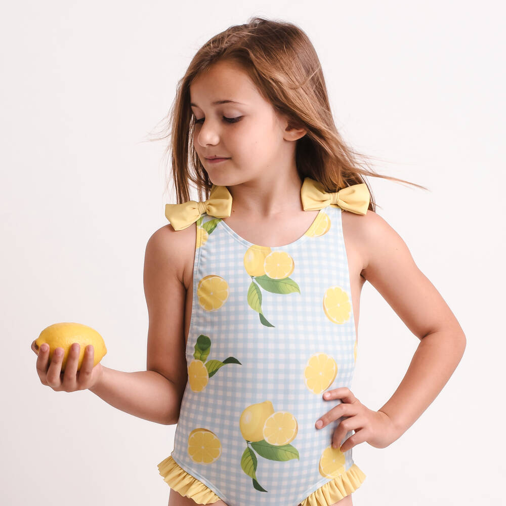 Meia Pata-Girls Yellow Lemon Gingham Swimsuit (UPF50+) | Childrensalon Outlet