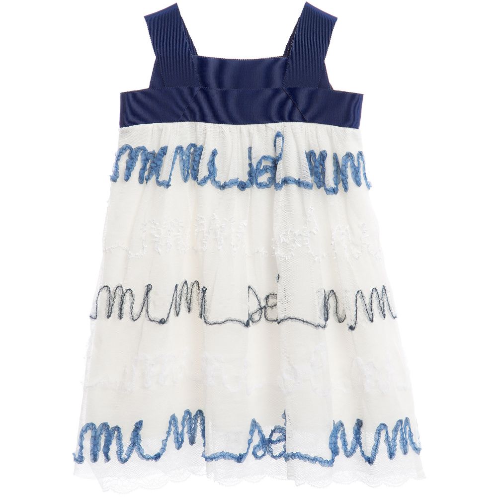 Mi Mi Sol - فستان من القماش الرقيق الشفاف بلون أبيض و أزرق | Childrensalon
