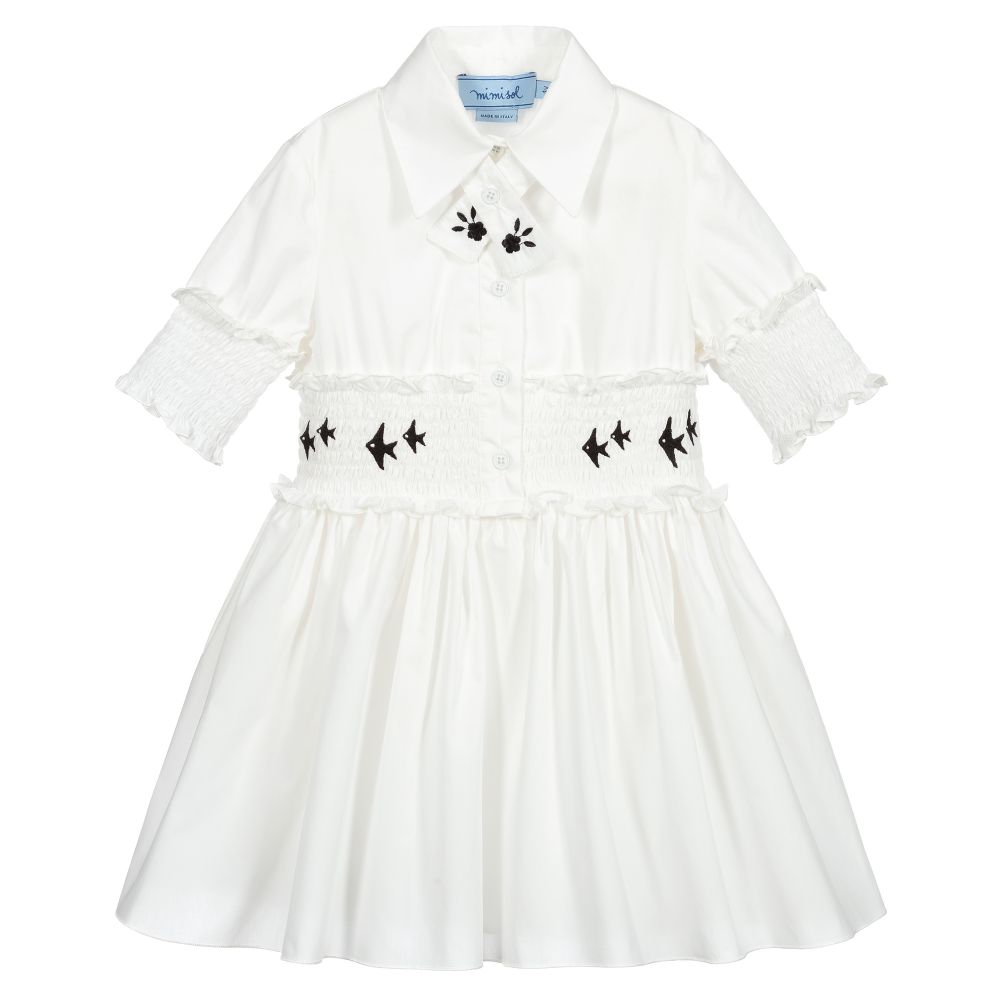 Mi Mi Sol - Кремовое платье из хлопка с присборенной вышивкой | Childrensalon