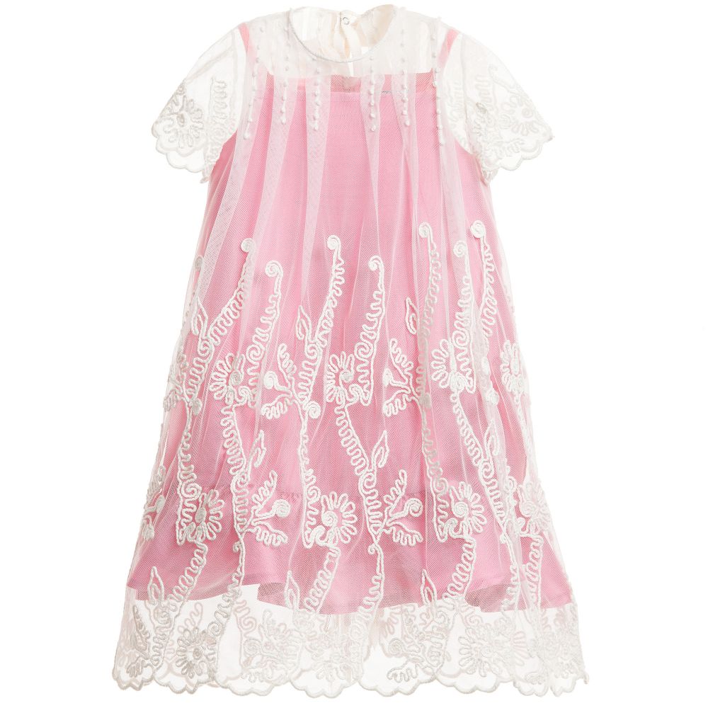 Mi Mi Sol - Pink Satin & Ivory Embroidered Overlay Dress | Childrensalon